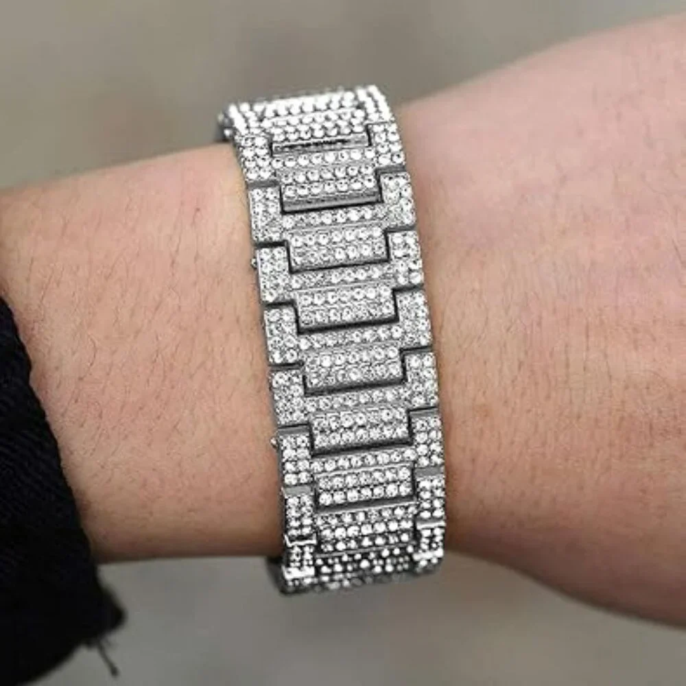 Men's Heavy Bling‎ Bracelet Bangle Silver with CZ Diamonds